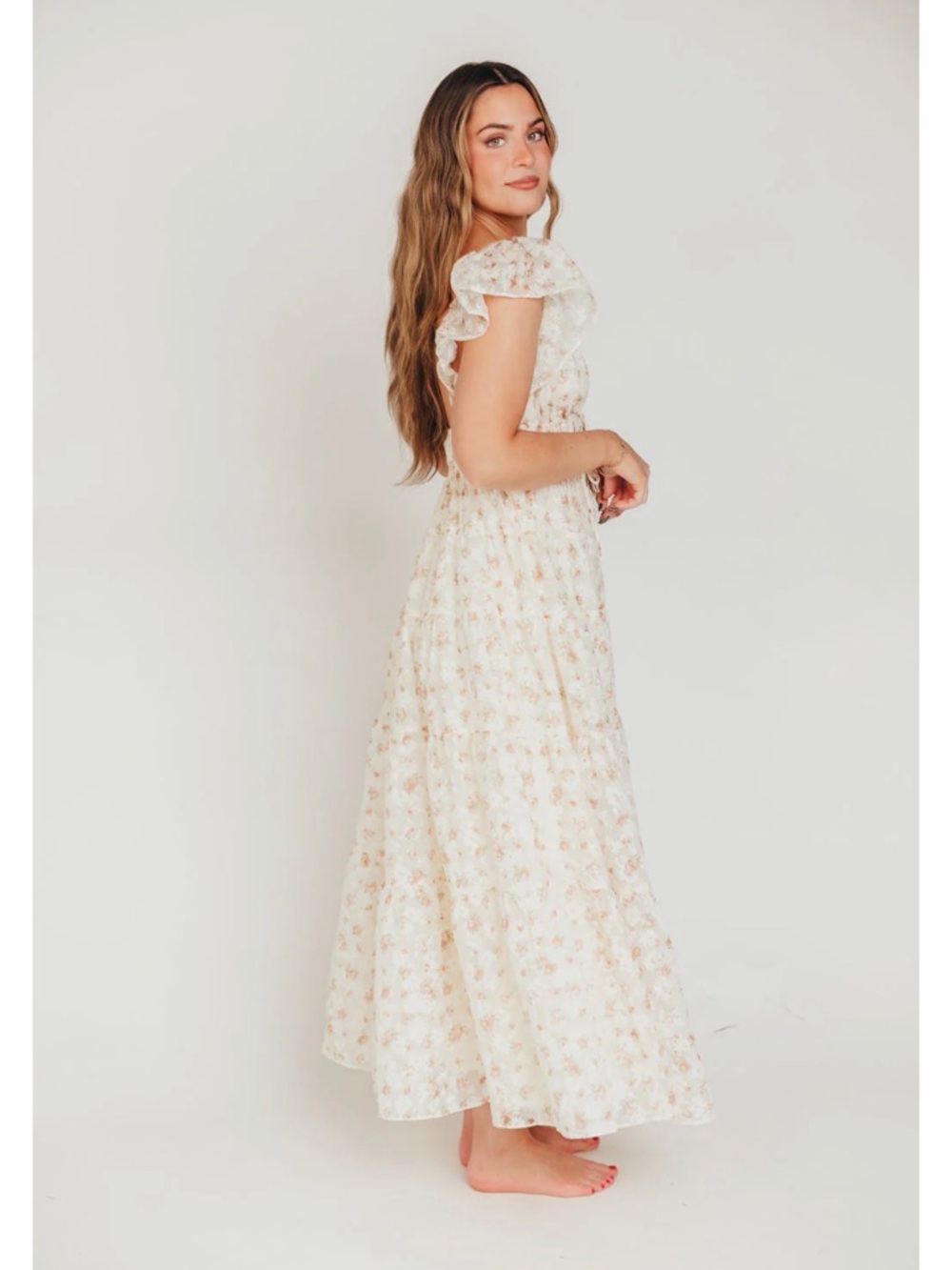 Altar'd State ENCHANTED FLORAL & GINGHAM RUFFLED MAXI DRESS IN CREAM/PEACH S-XS - Picture 5 of 16